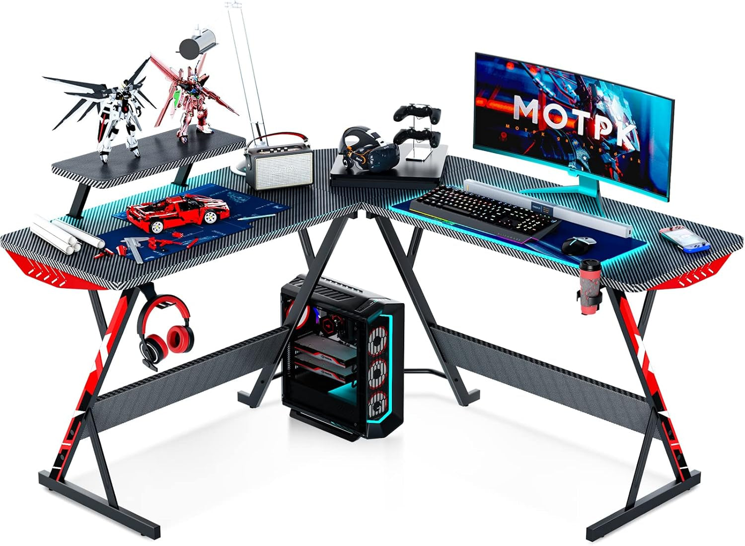 L Shaped Gaming Desk with Carbon Fiber Surface